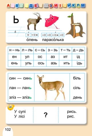 102
олень парасолька
н – нь л – ль с – сь з – зь т – ть д – дь
ен ул ос аз ит ід
ень уль ось азь ить ідь
син — синь
лан — лань
зліз — злізь
біль
сіль
день
У супі
У лісі
рись.
рис.
У
 