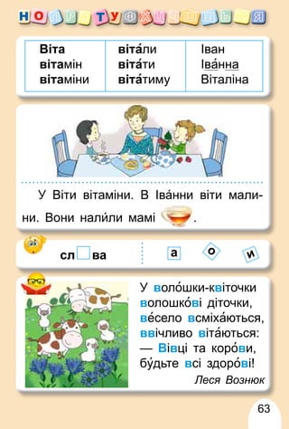 63
Віта
вітамін
вітаміни
вітали
вітати
вітатиму
Іван
Іванна
Віталіна
У Віти вітаміни. В Іва́нни віти мали-
ни. Вони нали́ли мамі .
У волошки-квіточки
волошкові діточки,
весело всміхаються,
ввічливо вітаються:
— Вівці та корови,
будьте всі здорові!
Леся Вознюк
сл ва а о
и
 