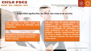 A sigla PDCA significa Plan, Do, Check, Act e trata-se de um ciclo:
Centrado na resolução de problemas,
identificação da causa e procura da
melhor solução;
Que descreve a forma como as
mudanças devem ser efetuadas numa
organização;
Que para além de incluir apenas os
passos do planeamento e
implementação da mudança, também
inclui a verificação de resultados, se
estes produziram ou não a melhoria
desejada, podendo posteriormente agir
de forma a ajustar, corrigir ou efectuar
uma melhoria adicional com base neste
último passo.
 
