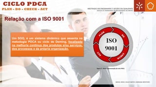 Figura 3 – Breve representação do ciclo PDCA.
Um SGQ, é um sistema dinâmico que assenta na
metodogia PDCA ou ciclo de Deming, focalizada
na melhoria continua dos produtos e/ou serviços,
dos processos e da própria organização.
Relação com a ISO 9001
 