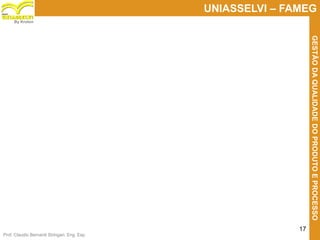 Prof. Claudio Bernardi Stringari, Eng. Esp.
17
UNIASSELVI – FAMEG
GESTÃODAQUALIDADEDOPRODUTOEPROCESSO
By Kroton
 