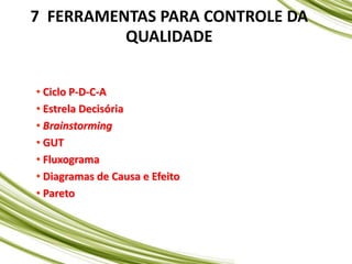 7 FERRAMENTAS PARA CONTROLE DA
QUALIDADE
• Ciclo P-D-C-A
• Estrela Decisória
• Brainstorming
• GUT
• Fluxograma
• Diagramas de Causa e Efeito
• Pareto
 