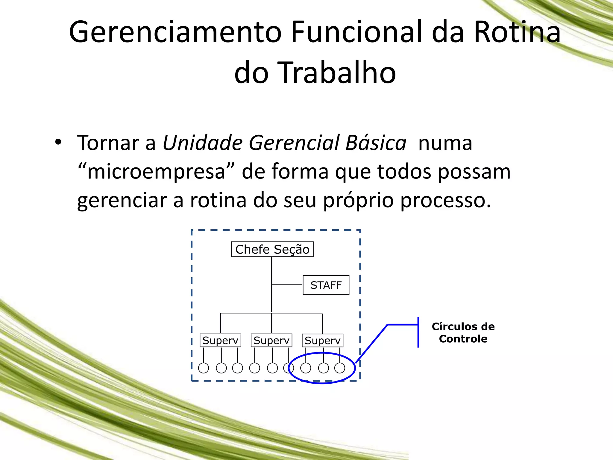 Gerenciamento Funcional da Rotina
do Trabalho
• Tornar a Unidade Gerencial Básica numa
“microempresa” de forma que todos possam
gerenciar a rotina do seu próprio processo.
Chefe Seção
Superv Superv Superv
STAFF
Círculos de
Controle
 