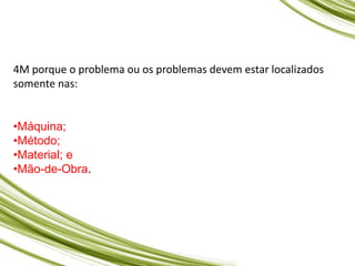 4M porque o problema ou os problemas devem estar localizados
somente nas:
•Máquina;
•Método;
•Material; e
•Mão-de-Obra.
 