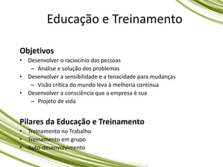 Educação e Treinamento
Objetivos
• Desenvolver o raciocínio das pessoas
– Análise e solução dos problemas
• Desenvolver a sensibilidade e a tenacidade para mudanças
– Visão crítica do mundo leva à melhoria contínua
• Desenvolver a consciência que a empresa é sua
– Projeto de vida
Pilares da Educação e Treinamento
• Treinamento no Trabalho
• Treinamento em grupo
• Auto-desenvolvimento
 