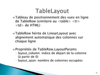 è Tableau de positionnement des vues en ligne
de TableRow (similaire au <table> <tr>
<td> de HTML)
è TableRow hérite de LinearLayout avec
alignement automatique des colonnes sur
chaque ligne
è Propriétés de TableRow.LayoutParams
◦  layout_column: indice de départ de la colonne
(à partir de 0)
◦  layout_span: nombre de colonnes occupées
67
 