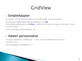 }  SimpleAdapter
GridView grd = (GridView) findViewById(R.id.gridview1); 	
  
ArrayAdapter<Categorie> dataAdapter = new
ArrayAdapter<Categorie>(this, android.R.layout.simple_spinner_item,
categories);
grd.setAdapter(dataAdapter );
}  Adater personnalisé
CategorieAdapter myAdaptor = new CategorieAdapter(context,
categories);
grd.setAdapter(myAdaptor )
94
 