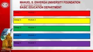 MANUEL S. ENVERGA UNIVERSITY FOUNDATION
An Autonomous University
BASIC EDUCATION DEPARTMENT
Group 1 : Module 1
Group 2 : Module 2
Group 3 : Module 3
Group 4 : Module 4
Group 5 : Module 5
 