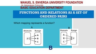 MANUEL S. ENVERGA UNIVERSITY FOUNDATION
An Autonomous University
BASIC EDUCATION DEPARTMENT
Which mapping represents a function?
B
A B
FUNCTIONS AND RELATIONS AS A SET OF
ORDERED PAIRS
 