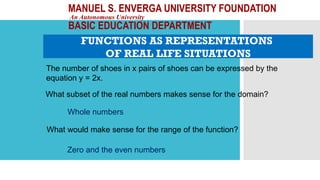 MANUEL S. ENVERGA UNIVERSITY FOUNDATION
An Autonomous University
BASIC EDUCATION DEPARTMENT
The number of shoes in x pairs of shoes can be expressed by the
equation y = 2x.
Whole numbers
What subset of the real numbers makes sense for the domain?
What would make sense for the range of the function?
Zero and the even numbers
FUNCTIONS AS REPRESENTATIONS
OF REAL LIFE SITUATIONS
 