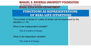 MANUEL S. ENVERGA UNIVERSITY FOUNDATION
An Autonomous University
BASIC EDUCATION DEPARTMENT
The # of pairs of shoes
What is the independent variable?
What is the dependent variable?
The total # of shoes.
FUNCTIONS AS REPRESENTATIONS
OF REAL LIFE SITUATIONS
The number of shoes in x pairs of shoes can be expressed by the
equation y = 2x.
 