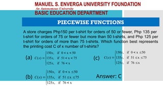 MANUEL S. ENVERGA UNIVERSITY FOUNDATION
An Autonomous University
BASIC EDUCATION DEPARTMENT
PIECEWISE FUNCTIONS
A store charges Php150 per t-shirt for orders of 50 or fewer, Php 135 per
t-shirt for orders of 75 or fewer but more than 50 t-shirts, and Php 125 per
t-shirt for orders of more than 75 t-shirts. Which function best represents
the printing cost C of x number of t-shirts?
(a)
(b) Answer: C
(c)











x
76
if
,
125
5
7
x
51
if
,
135
50
x
0
if
,
150
)
(
x
x
x
x
C











x
76
if
,
125
5
7
x
51
if
,
135
50
x
0
if
,
150
)
(
x
x
x
x
C











x
76
if
,
125
5
7
x
51
if
,
135
50
x
0
if
,
150
)
(
x
x
x
x
C
 