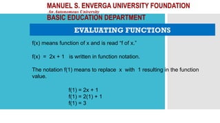 MANUEL S. ENVERGA UNIVERSITY FOUNDATION
An Autonomous University
BASIC EDUCATION DEPARTMENT
EVALUATING FUNCTIONS
f(x) means function of x and is read “f of x.”
f(x) = 2x + 1 is written in function notation.
The notation f(1) means to replace x with 1 resulting in the function
value.
f(1) = 2x + 1
f(1) = 2(1) + 1
f(1) = 3
 