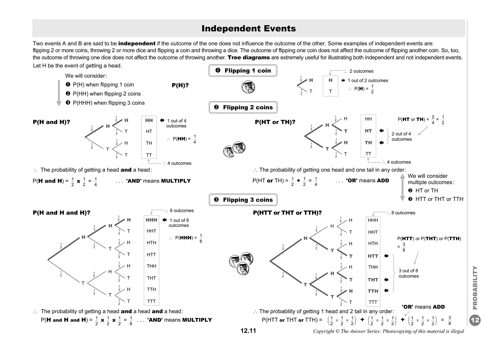 12.11 Copyright © The Answer Series: Photocopying of this material is illegal
PROBABILITY
12
Two events A and B are said to be independent if the outcome of the one does not influence the outcome of the other. Some examples of independent events are:
flipping 2 or more coins, throwing 2 or more dice and flipping a coin and throwing a dice. The outcome of flipping one coin does not affect the outcome of flipping another coin. So, too,
the outcome of throwing one dice does not affect the outcome of throwing another. Tree diagrams are extremely useful for illustrating both independent and not independent events.
P(H and H)? P(HT or TH)?
 The probability of getting a head and a head:  The probability of getting one head and one tail in any order:
P(H and H and H)? P(HTT or THT or TTH)?
 The probability of getting a head and a head and a head:  The probability of getting 1 head and 2 tail in any order:
P(H and H and H) = 1
2
x 1
2
x 1
2
= 1
8
. . . 'AND' means MULTIPLY P(HTT or THT or TTH) = 1
2



 1
2
 1
2



+ 1
2



 1
2
 1
2



+ 1
2



 1
2
 1
2



= 3
8
Independent Events
 Flipping 1 coin
H
T
H
T
1
2
1
2  1 out of 2 outcomes
 P(H) =
1
2
 2 outcomes
P(H)?
 Flipping 3 coins
'OR' means ADD
 8 outcomes
1
2
1
2
1
2
HHH
HHT
HTH
HTT
THH
THT
TTH
TTT
H
T
H
T
H
T
H
T
H
T
H
T
H
T
1
2
1
2
1
2
1
2
1
2
1
2
1
2
1
2
1
2
1
2
1
2
P(HTT) or P(THT) or P(TTH)
=
3
8



3 out of 8
outcomes
1
2
1
2
1
2
HHH
HHT
HTH
HTT
THH
THT
TTH
TTT
H
T
H
T
H
T
H
T
H
T
H
T
H
T
1
2
1
2
1
2
1
2
1
2
1
2
1
2
1
2
1
2
1
2
1
2
 1 out of 8
outcomes
 P(HHH) = 1
8
 8 outcomes
 Flipping 2 coins
 4 outcomes
1
2
HH
HT
TH
TT
H
T
H
T
H
T
1
2
1
2
1
2
1
2
1
2
 1 out of 4
outcomes
 P(HH) =
1
4
P(H and H) = 1
2
x 1
2
= 1
4
P(HT or TH) = 1
2
+ 1
2
= 1
4
. . . 'AND' means MULTIPLY . . . 'OR' means ADD
 4 outcomes
1
2
HH
HT
TH
TT
H
T
H
T
H
T
1
2
1
2
1
2
1
2
1
2


2 out of 4
outcomes
P(HT or TH) =
2
4
=
1
2
We will consider:
 P(H) when flipping 1 coin
 P(HH) when flipping 2 coins
 P(HHH) when flipping 3 coins
Let H be the event of getting a head.
We will consider
multiple outcomes:
 HT or TH
 HTT or THT or TTH
 