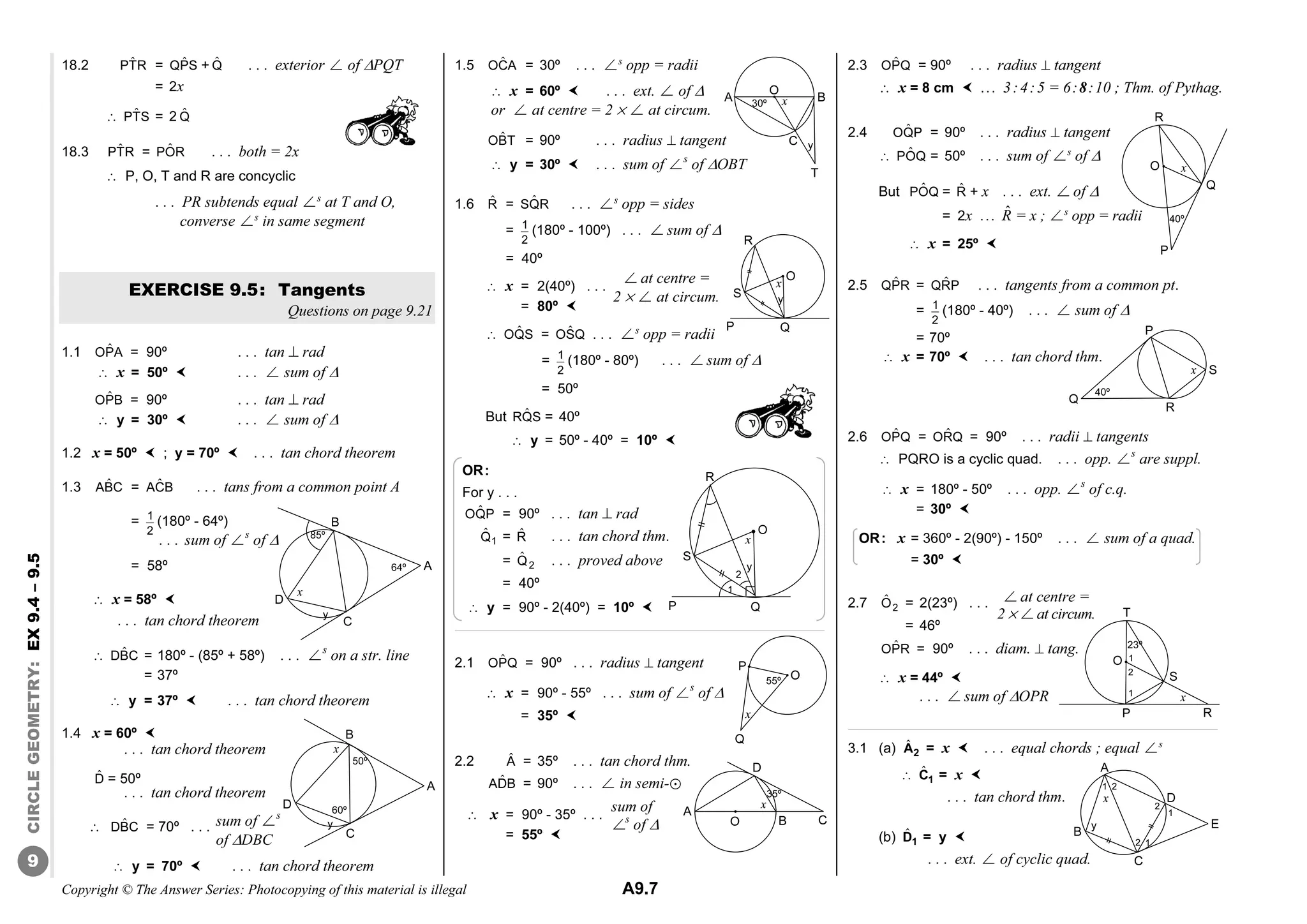 Copyright © The Answer Series: Photocopying of this material is illegal A9.7
CIRCLE
GEOMETRY:
EX
9.4
–
9.5
9
18.2 ˆ
PTR = ˆ
QPS + Q̂ . . . exterior ø of PQT
= 2x
â ˆ
PTS = 2 Q̂
18.3 ˆ
PTR = ˆ
POR . . . both = 2x
â P, O, T and R are concyclic
. . . PR subtends equal øs
at T and O,
converse øs
in same segment
EXERCISE 9.5: Tangents
Questions on page 9.21
1.1 ˆ
OPA = 90º . . . tan  rad
â x = 50º  . . . ø sum of 
ˆ
OPB = 90º . . . tan  rad
â y = 30º  . . . ø sum of 
1.2 x = 50º  ; y = 70º  . . . tan chord theorem
1.3 ˆ
ABC = ˆ
ACB . . . tans from a common point A
= 1
2
(180º - 64º)
= 58º
â x = 58º 
. . . tan chord theorem
â ˆ
DBC = 180º - (85º + 58º) . . . øs
on a str. line
= 37º
â y = 37º  . . . tan chord theorem
1.4 x = 60º 
D̂ = 50º
â ˆ
DBC = 70º . . .
â y = 70º  . . . tan chord theorem
1.5 ˆ
OCA = 30º . . . øs
opp = radii
â x = 60º  . . . ext. ø of 
or ø at centre = 2 % ø at circum.
ˆ
OBT = 90º . . . radius  tangent
â y = 30º  . . . sum of øs
of OBT
1.6 R̂ = ˆ
SQR . . . øs
opp = sides
= 1
2
(180º - 100º) . . . ø sum of 
= 40º
â x = 2(40º) . . .
= 80º 
â ˆ
OQS = ˆ
OSQ . . . øs
opp = radii
= 1
2
(180º - 80º) . . . ø sum of 
= 50º
But ˆ
RQS = 40º
â y = 50º - 40º = 10º 
OR:
For y . . .
ˆ
OQP = 90º . . . tan  rad
ˆ
1
Q = R̂ . . . tan chord thm.
= ˆ
2
Q . . . proved above
= 40º
â y = 90º - 2(40º) = 10º 
2.1 ˆ
OPQ = 90º . . . radius  tangent
â x = 90º - 55º . . . sum of øs
of 
= 35º 
2.2 Â = 35º . . . tan chord thm.
ˆ
ADB = 90º . . . ø in semi-?
â x = 90º - 35º . . .
= 55º 
2.3 ˆ
OPQ = 90º . . . radius  tangent
â x = 8 cm  ... 3:4:5 = 6:8:10 ; Thm. of Pythag.
2.4 ˆ
OQP = 90º . . . radius  tangent
â ˆ
POQ = 50º . . . sum of øs
of 
But ˆ
POQ = R̂ + x . . . ext. øof 
= 2x ... R̂ = x ; øs
opp = radii
â x = 25º 
2.5 ˆ
QPR = ˆ
QRP . . . tangents from a common pt.
= 1
2
(180º - 40º) . . . ø sum of 
= 70º
â x = 70º  . . . tan chord thm.
2.6 ˆ
OPQ = ˆ
ORQ = 90º . . . radii  tangents
â PQRO is a cyclic quad. . . . opp. øs
are suppl.
â x = 180º - 50º . . . opp. øs
of c.q.
= 30º 
OR: x = 360º - 2(90º) - 150º . . . ø sum of a quad.
= 30º 
2.7 ˆ
2
O = 2(23º) . . .
= 46º
ˆ
OPR = 90º . . . diam.  tang.
â x = 44º 
. . . ø sum of OPR
3.1 (a) ˆ
2
A = x  . . . equal chords ; equal øs
â ˆ
1
C = x 
. . . tan chord thm.
(b) ˆ
1
D = y 
. . . ext. ø of cyclic quad.
O
x
y
B
C
T
A 30º
øat centre =
2 % øat circum.
x
y
D
A
C
E
1
2
1
B
1
2
2
. . . sum of øs
of 
sum of øs
of DBC
. . . tan chord theorem
. . . tan chord theorem
R
S
P Q
O
x
y
sum of
øs
of  O
x
D
A
C
B
35º
Q
40º
O x
P
R
P
S
x
40º
Q
R
S
T
P R
1
2
1
O
23º
x
B
C
A
D
85º
64º
x
y
50º
60º
x
y
B
C
A
D
55º
x
O
Q
P
R
S
P Q
O
x
y
2
1
øat centre =
2 % ø at circum.
 