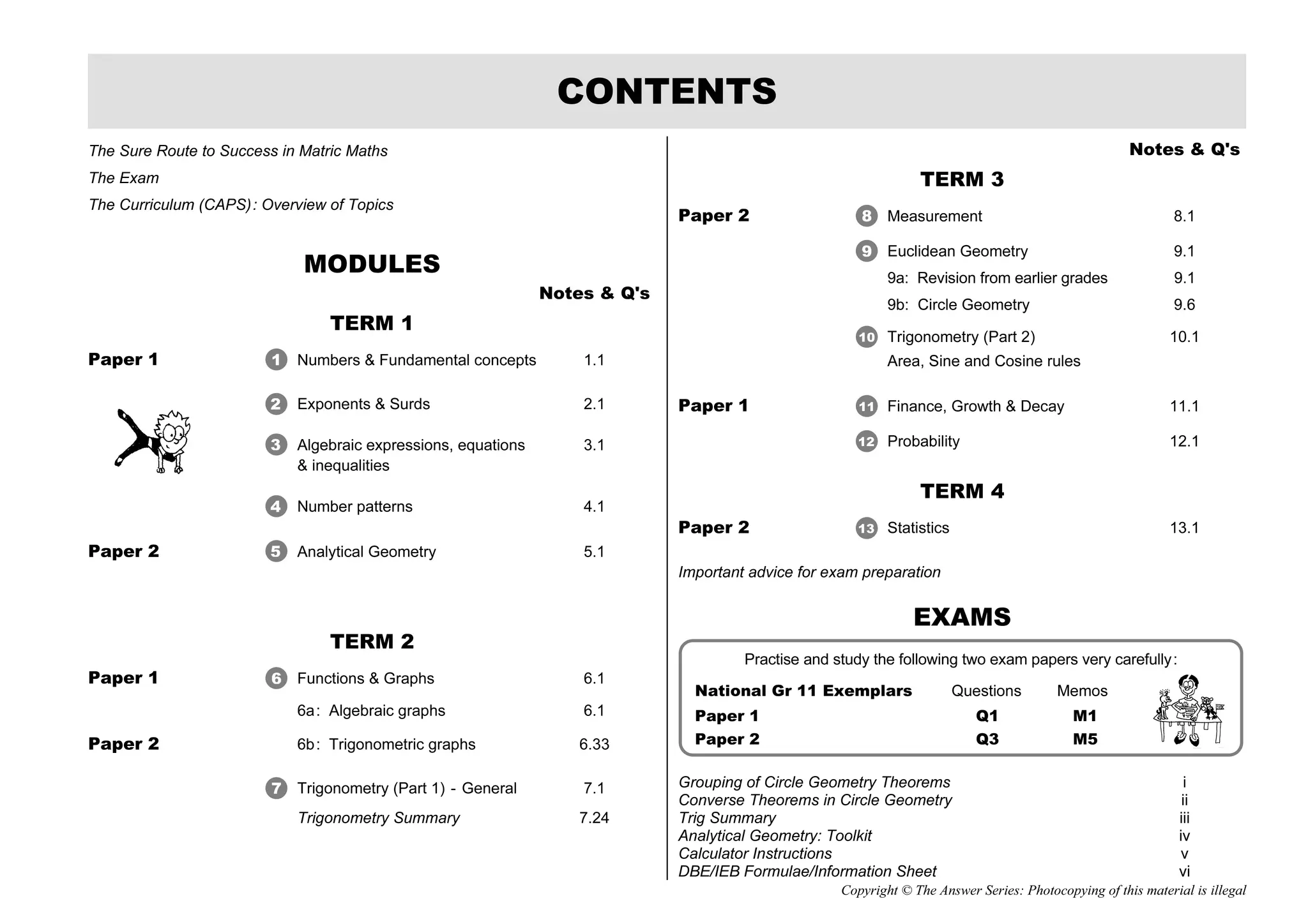 Copyright © The Answer Series: Photocopying of this material is illegal
The Sure Route to Success in Matric Maths
The Exam
The Curriculum (CAPS): Overview of Topics
MODULES
Notes  Q's
TERM 1
Paper 1 Numbers  Fundamental concepts 1.1
Exponents  Surds 2.1
Algebraic expressions, equations 3.1
 inequalities
Number patterns 4.1
Paper 2 Analytical Geometry 5.1
TERM 2
Paper 1 Functions  Graphs 6.1
6a: Algebraic graphs 6.1
Paper 2 6b: Trigonometric graphs 6.33
Trigonometry (Part 1) - General 7.1
Trigonometry Summary 7.24
Notes  Q's
TERM 3
Paper 2 Measurement 8.1
Euclidean Geometry 9.1
9a: Revision from earlier grades 9.1
9b: Circle Geometry 9.6
Trigonometry (Part 2) 10.1
Area, Sine and Cosine rules
Paper 1 Finance, Growth  Decay 11.1
Probability 12.1
TERM 4
Paper 2 Statistics 13.1
Important advice for exam preparation
EXAMS
Grouping of Circle Geometry Theorems i
Converse Theorems in Circle Geometry ii
Trig Summary iii
Analytical Geometry: Toolkit iv
Calculator Instructions v
DBE/IEB Formulae/Information Sheet vi
CONTENTS
Practise and study the following two exam papers very carefully:
National Gr 11 Exemplars Questions Memos
Paper 1 Q1 M1
Paper 2 Q3 M5
1
2
3
4
5
6
7
9
8
10
11
12
13
 