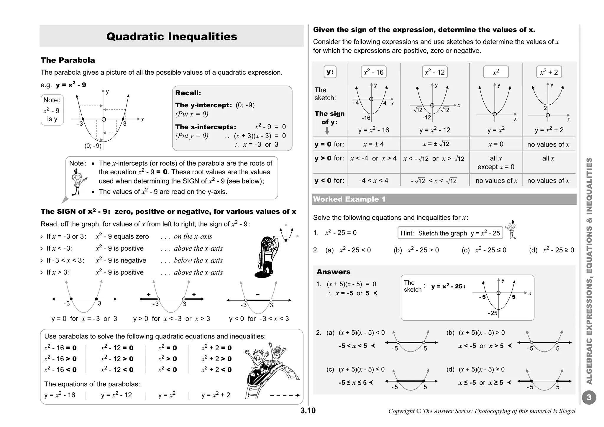3.10 Copyright © The Answer Series: Photocopying of this material is illegal
3
ALGEBRAIC
EXPRESSIONS,
EQUATIONS

INEQUALITIES
Quadratic Inequalities
The Parabola
The parabola gives a picture of all the possible values of a quadratic expression.
e.g. y = x2
- 9
The SIGN of x2 - 9: zero, positive or negative, for various values of x
Read, off the graph, for values of x from left to right, the sign of x2
- 9:
 If x = -3 or 3: x2
- 9 equals zero . . . on the x-axis
 If x  -3: x2
- 9 is positive . . . above the x-axis
 If -3  x  3: x2
- 9 is negative . . . below the x-axis
 If x  3: x2
- 9 is positive . . . above the x-axis
y = 0 for x = -3 or 3 y  0 for x  -3 or x  3 y  0 for -3  x  3
Given the sign of the expression, determine the values of x.
Consider the following expressions and use sketches to determine the values of x
for which the expressions are positive, zero or negative.

Worked Example 1
Solve the following equations and inequalities for x:
1. x2
- 25 = 0
2. (a) x2
- 25  0 (b) x2
- 25  0 (c) x2
- 25 ≤ 0 (d) x2
- 25 ≥ 0
Recall:
The y-intercept: (0; -9)
(Put x = 0)
The x-intercepts: x2
- 9 = 0
(Put y = 0) â (x + 3)(x - 3) = 0
â x = -3 or 3
Note:
x2
- 9
is y
3
-3 3
-3
+ +
3
-3
--
Hint: Sketch the graph y = x2
- 25
y = x2
- 16
x2 x2
+ 2
x2
- 12
x2
- 16
y = x2
+ 2
y = x2
y = x2
- 12
The
sketch:
y = 0 for: x = ± 4 x = ± 12 x = 0 no values of x
y  0 for: x  -4 or x  4 x  - 12 or x  12 all x
except x = 0
all x
y  0 for: -4  x  4 - 12  x  12 no values of x no values of x
The sign
of y:
y:
4
-4 x
y
-16
O
x
y
O
12
- 12
x
y
-12
O
O
x
y
2
Answers
1. (x + 5)(x - 5) = 0
â x = -5 or 5 
2. (a) (x + 5)(x - 5)  0 (b) (x + 5)(x - 5)  0
-5  x  5  x  -5 or x  5 
(c) (x + 5)(x - 5) ≤ 0 (d) (x + 5)(x - 5) ≥ 0
-5 ≤ x ≤ 5  x ≤ -5 or x ≥ 5 
5
- 5
5
- 5
5
- 5
5
- 5
y = x2
- 25:
The
sketch
:
5
- 5
- 25
O
y
x
x
3
y
-3
O
(0; -9)
Note:  The x-intercepts (or roots) of the parabola are the roots of
the equation x2
- 9 = 0. These root values are the values
used when determining the SIGN of x2
- 9 (see below);
 The values of x2
- 9 are read on the y-axis.
Use parabolas to solve the following quadratic equations and inequalities:
x2
- 16 = 0 x2
- 12 = 0 x2
= 0 x2
+ 2 = 0
x2
- 16  0 x2
- 12  0 x2
 0 x2
+ 2  0
x2
- 16  0 x2
- 12  0 x2
 0 x2
+ 2  0
The equations of the parabolas:
y = x2
- 16 y = x2
- 12 y = x2
y = x2
+ 2
 
