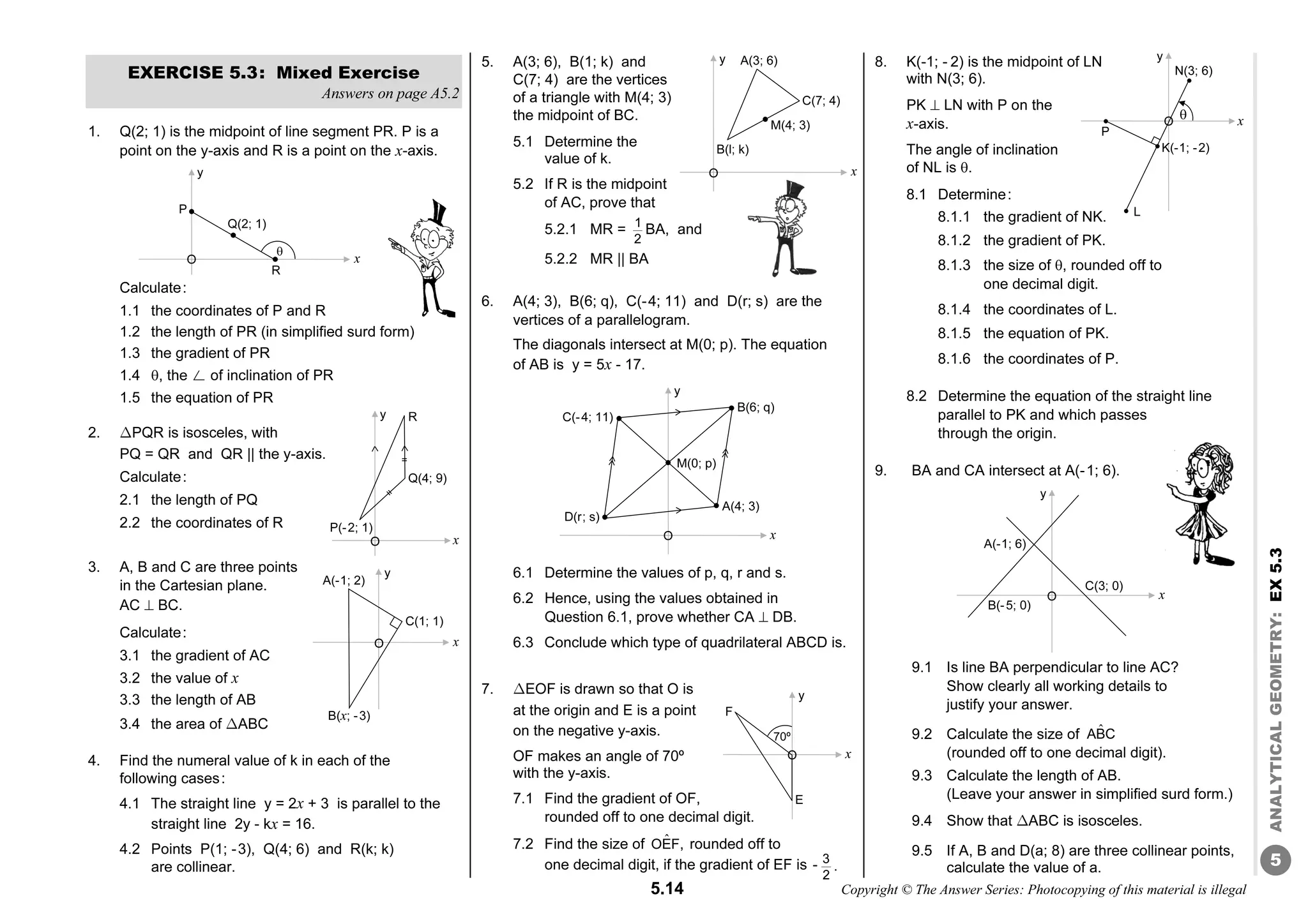 5.14 Copyright © The Answer Series: Photocopying of this material is illegal
5
ANALYTICAL
GEOMETRY:
EX
5.3
EXERCISE 5.3: Mixed Exercise
Answers on page A5.2
1. Q(2; 1) is the midpoint of line segment PR. P is a
point on the y-axis and R is a point on the x-axis.
Calculate:
1.1 the coordinates of P and R
1.2 the length of PR (in simplified surd form)
1.3 the gradient of PR
1.4 , the ø of inclination of PR
1.5 the equation of PR
2. ΔPQR is isosceles, with
PQ = QR and QR || the y-axis.
Calculate:
2.1 the length of PQ
2.2 the coordinates of R
3. A, B and C are three points
in the Cartesian plane.
AC  BC.
Calculate:
3.1 the gradient of AC
3.2 the value of x
3.3 the length of AB
3.4 the area of ΔABC
4. Find the numeral value of k in each of the
following cases:
4.1 The straight line y = 2x + 3 is parallel to the
straight line 2y - kx = 16.
4.2 Points P(1; -3), Q(4; 6) and R(k; k)
are collinear.
5. A(3; 6), B(1; k) and
C(7; 4) are the vertices
of a triangle with M(4; 3)
the midpoint of BC.
5.1 Determine the
value of k.
5.2 If R is the midpoint
of AC, prove that
5.2.1 MR = 1
2
BA, and
5.2.2 MR || BA
6. A(4; 3), B(6; q), C(-4; 11) and D(r; s) are the
vertices of a parallelogram.
The diagonals intersect at M(0; p). The equation
of AB is y = 5x - 17.
6.1 Determine the values of p, q, r and s.
6.2 Hence, using the values obtained in
Question 6.1, prove whether CA  DB.
6.3 Conclude which type of quadrilateral ABCD is.
7. ΔEOF is drawn so that O is
at the origin and E is a point
on the negative y-axis.
OF makes an angle of 70º
with the y-axis.
7.1 Find the gradient of OF,
rounded off to one decimal digit.
7.2 Find the size of ˆ
OEF, rounded off to
one decimal digit, if the gradient of EF is -
8. K(-1; - 2) is the midpoint of LN
with N(3; 6).
PK  LN with P on the
x-axis.
The angle of inclination
of NL is .
8.1 Determine:
8.1.1 the gradient of NK.
8.1.2 the gradient of PK.
8.1.3 the size of , rounded off to
one decimal digit.
8.1.4 the coordinates of L.
8.1.5 the equation of PK.
8.1.6 the coordinates of P.
8.2 Determine the equation of the straight line
parallel to PK and which passes
through the origin.
9. BA and CA intersect at A(-1; 6).
9.1 Is line BA perpendicular to line AC?
Show clearly all working details to
justify your answer.
9.2 Calculate the size of ˆ
ABC
(rounded off to one decimal digit).
9.3 Calculate the length of AB.
(Leave your answer in simplified surd form.)
9.4 Show that ΔABC is isosceles.
9.5 If A, B and D(a; 8) are three collinear points,
calculate the value of a.
B(6; q)
x
y
A(4; 3)
O
D(r; s)
C(-4; 11)
M(0; p)
P
x
y
Q(2; 1)
R

O
B(l; k)
x
y A(3; 6)
O
M(4; 3)
C(7; 4)
3
2
.
F
x
y
70º
O
E
x
y
C(3; 0)
A(-1; 6)
B(-5; 0)
O
P(-2; 1)
x
y
Q(4; 9)
R
O
C(1; 1)
x
y
A(-1; 2)
B(x; -3)
O
 x
y
N(3; 6)
K(-1; -2)
P
L
O
 