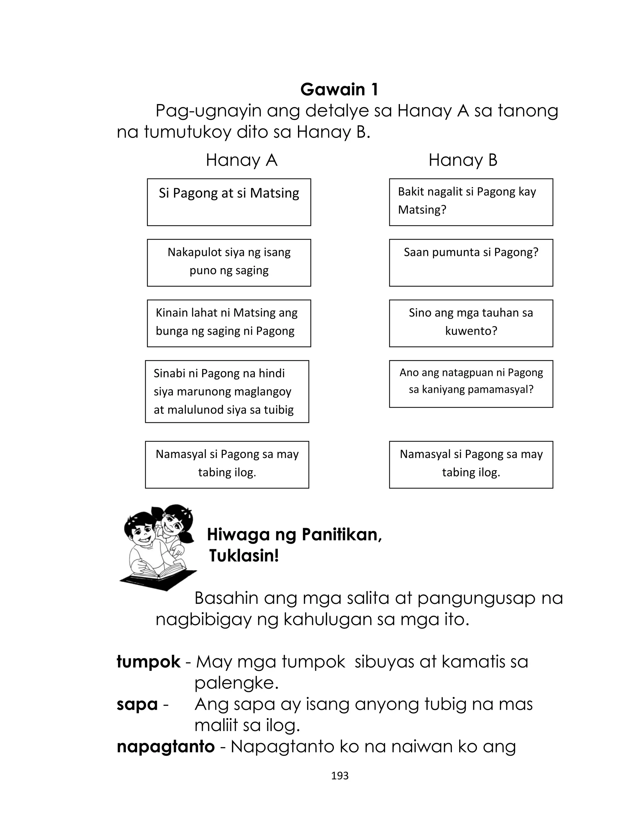 Gawain 1
Pag-ugnayin ang detalye sa Hanay A sa tanong
na tumutukoy dito sa Hanay B.
Hanay A

Hanay B
Bakit nagalit si Pagong kay
Matsing?

Si Pagong at si Matsing

Nakapulot siya ng isang
puno ng saging

Saan pumunta si Pagong?

Kinain lahat ni Matsing ang
bunga ng saging ni Pagong

Sino ang mga tauhan sa
kuwento?

Sinabi ni Pagong na hindi
siya marunong maglangoy
at malulunod siya sa tuibig

Ano ang natagpuan ni Pagong
sa kaniyang pamamasyal?

Namasyal si Pagong sa may
tabing ilog.

Namasyal si Pagong sa may
tabing ilog.

Hiwaga ng Panitikan,
Tuklasin!
Basahin ang mga salita at pangungusap na
nagbibigay ng kahulugan sa mga ito.
tumpok - May mga tumpok sibuyas at kamatis sa
palengke.
sapa - Ang sapa ay isang anyong tubig na mas
maliit sa ilog.
napagtanto - Napagtanto ko na naiwan ko ang
193

 