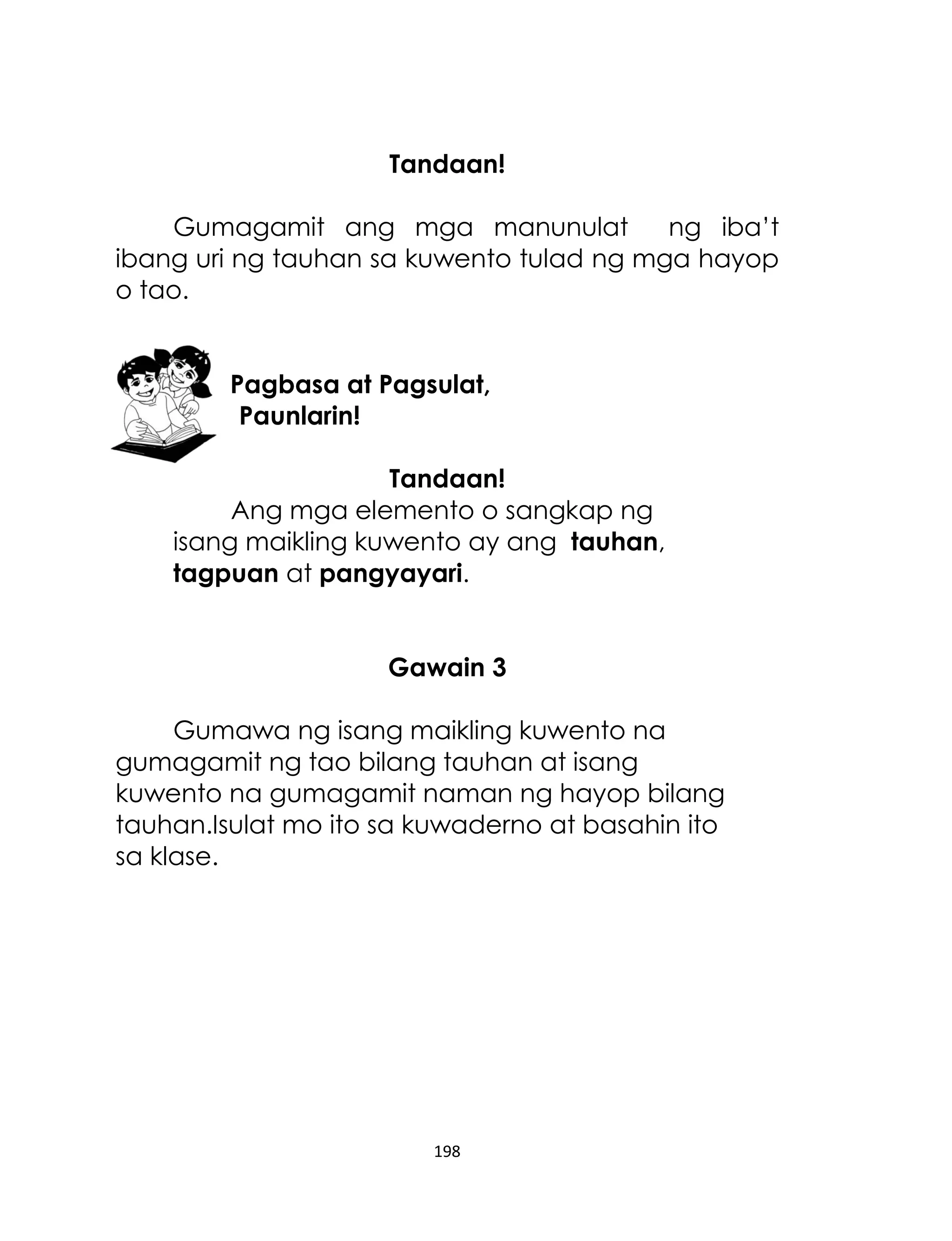 Tandaan!
Gumagamit ang mga manunulat
ng iba‟t
ibang uri ng tauhan sa kuwento tulad ng mga hayop
o tao.
Pagbasa at Pagsulat,
Paunlarin!
Tandaan!
Ang mga elemento o sangkap ng
isang maikling kuwento ay ang tauhan,
tagpuan at pangyayari.
Gawain 3
Gumawa ng isang maikling kuwento na
gumagamit ng tao bilang tauhan at isang
kuwento na gumagamit naman ng hayop bilang
tauhan.Isulat mo ito sa kuwaderno at basahin ito
sa klase.

198

 