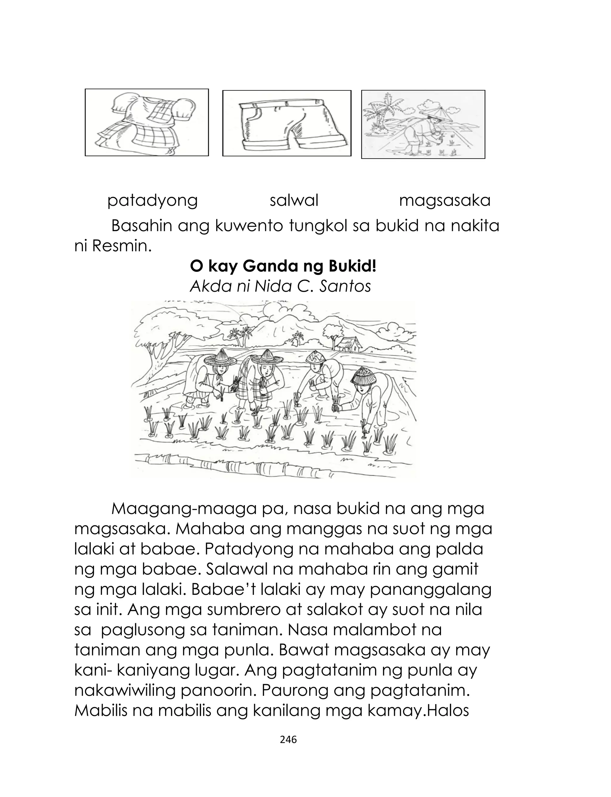 patadyong

salwal

magsasaka

Basahin ang kuwento tungkol sa bukid na nakita
ni Resmin.
O kay Ganda ng Bukid!
Akda ni Nida C. Santos

Maagang-maaga pa, nasa bukid na ang mga
magsasaka. Mahaba ang manggas na suot ng mga
lalaki at babae. Patadyong na mahaba ang palda
ng mga babae. Salawal na mahaba rin ang gamit
ng mga lalaki. Babae‟t lalaki ay may pananggalang
sa init. Ang mga sumbrero at salakot ay suot na nila
sa paglusong sa taniman. Nasa malambot na
taniman ang mga punla. Bawat magsasaka ay may
kani- kaniyang lugar. Ang pagtatanim ng punla ay
nakawiwiling panoorin. Paurong ang pagtatanim.
Mabilis na mabilis ang kanilang mga kamay.Halos
246

 