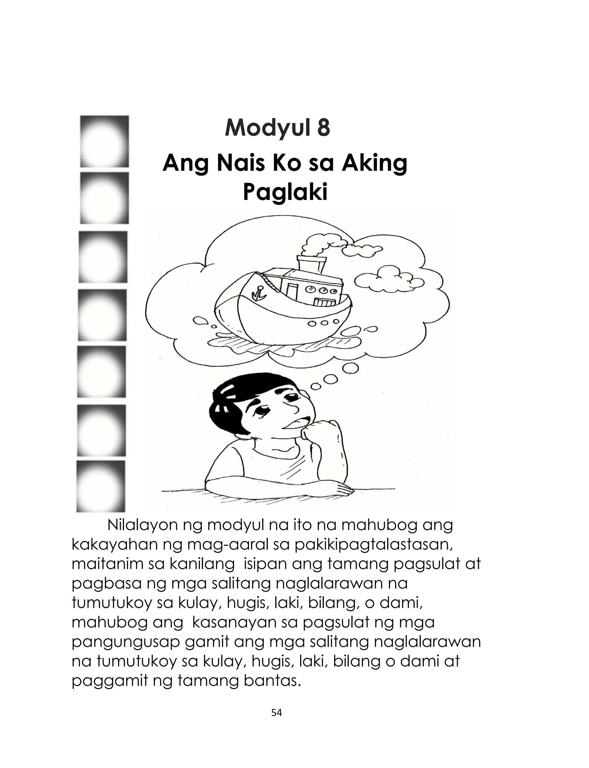 Modyul 8
Ang Nais Ko sa Aking
Paglaki

Nilalayon ng modyul na ito na mahubog ang
kakayahan ng mag-aaral sa pakikipagtalastasan,
maitanim sa kanilang isipan ang tamang pagsulat at
pagbasa ng mga salitang naglalarawan na
tumutukoy sa kulay, hugis, laki, bilang, o dami,
mahubog ang kasanayan sa pagsulat ng mga
pangungusap gamit ang mga salitang naglalarawan
na tumutukoy sa kulay, hugis, laki, bilang o dami at
paggamit ng tamang bantas.
54

 