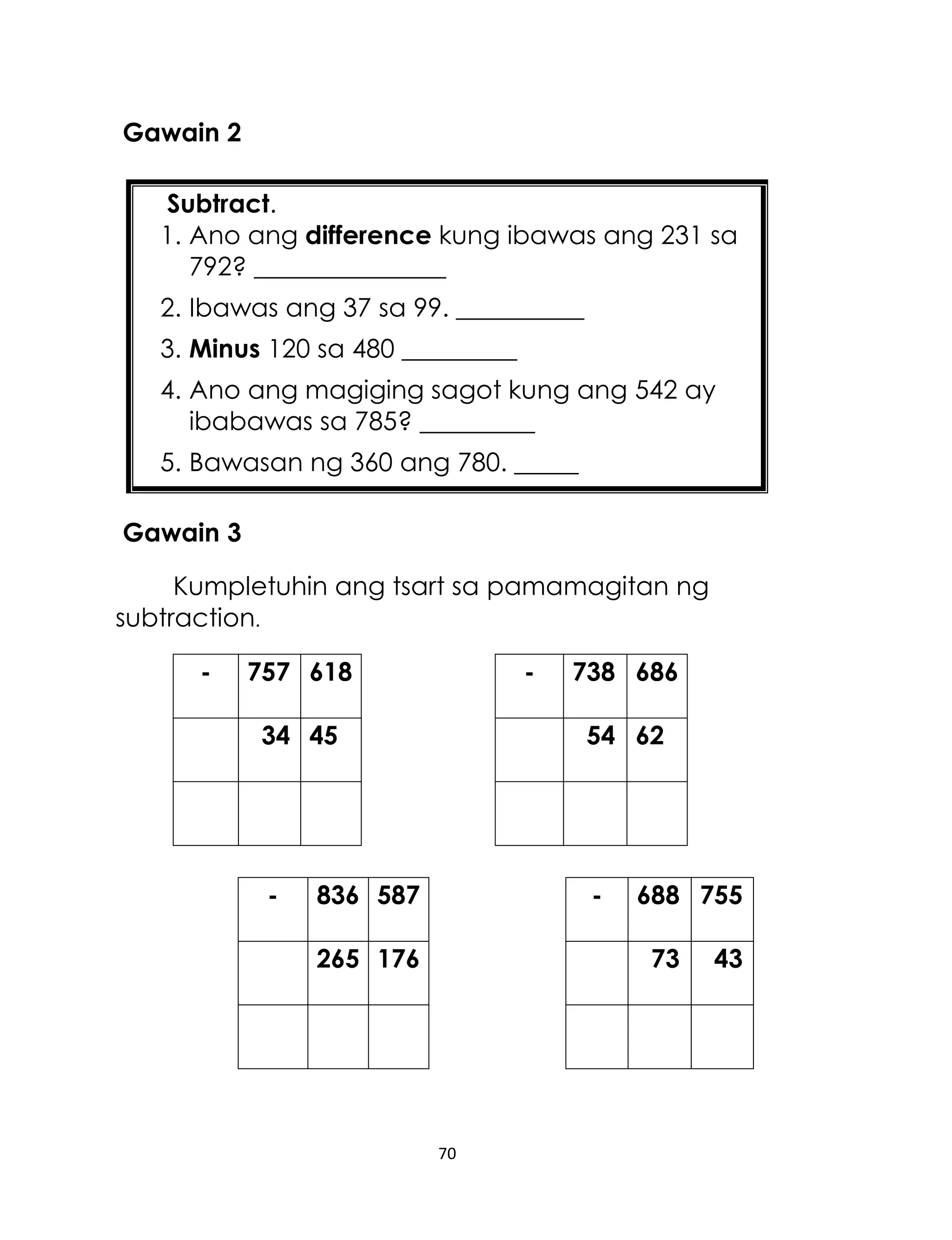 Gawain 2
Subtract.
1. Ano ang difference kung ibawas ang 231 sa
792? _______________
2. Ibawas ang 37 sa 99. __________
3. Minus 120 sa 480 _________
4. Ano ang magiging sagot kung ang 542 ay
ibabawas sa 785? _________
5. Bawasan ng 360 ang 780. _____
Gawain 3
Kumpletuhin ang tsart sa pamamagitan ng
subtraction.
-

757 618

-

738 686

34 45

54 62

-

-

836 587
265 176

688 755
73

70

43

 