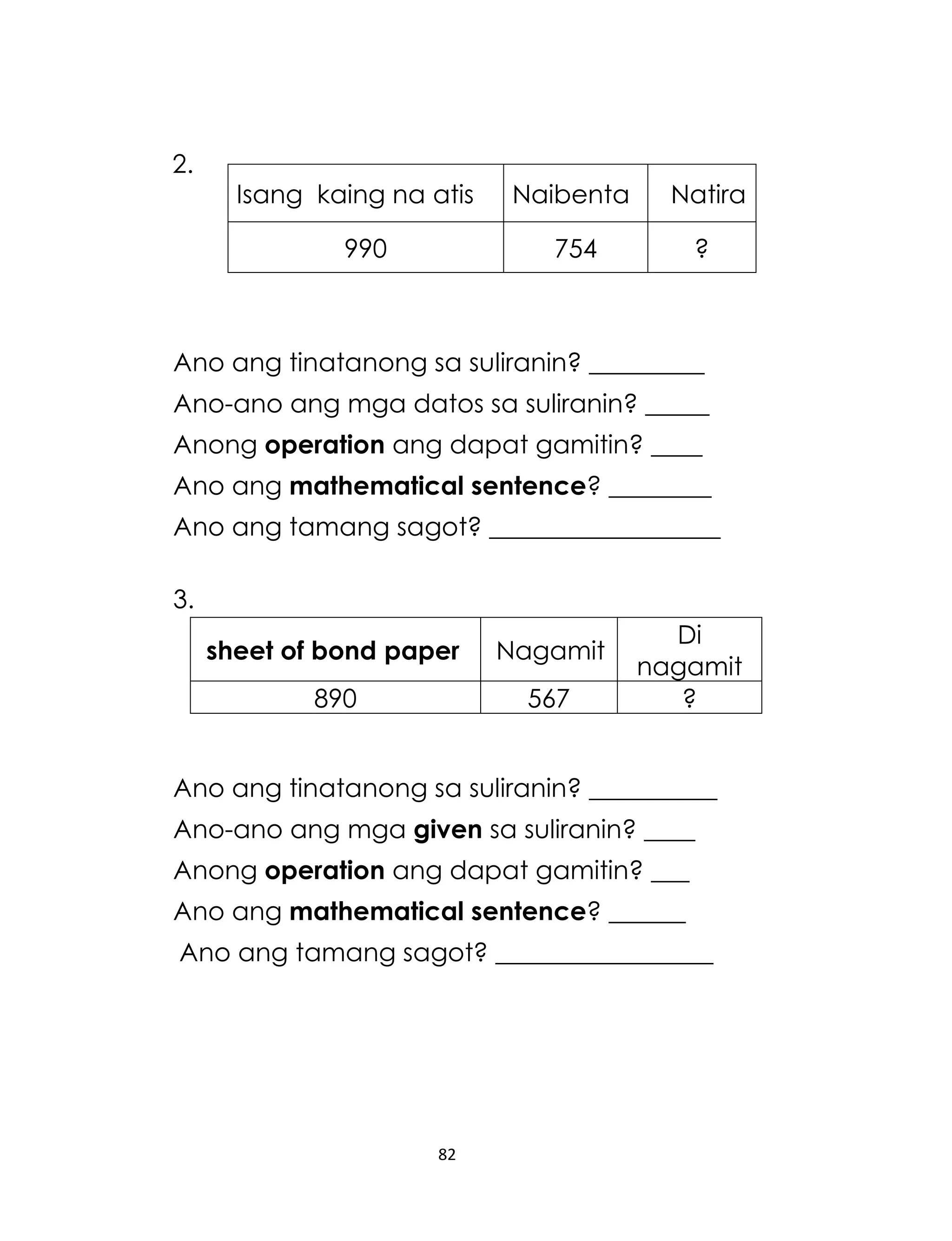 2.

Isang kaing na atis

Natira

754

990

Naibenta

?

Ano ang tinatanong sa suliranin? _________
Ano-ano ang mga datos sa suliranin? _____
Anong operation ang dapat gamitin? ____
Ano ang mathematical sentence? ________
Ano ang tamang sagot? __________________
3.
sheet of bond paper

Nagamit

890

567

Di
nagamit
?

Ano ang tinatanong sa suliranin? __________
Ano-ano ang mga given sa suliranin? ____
Anong operation ang dapat gamitin? ___
Ano ang mathematical sentence? ______
Ano ang tamang sagot? _________________

82

 