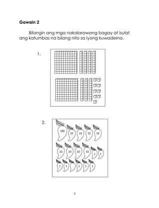 Gawain 2
Bilangin ang mga nakalarawang bagay at isulat
ang katumbas na bilang nito sa iyong kuwaderno.
1.

2.
100

10

10

1

10

10

1

10

1

1

2

10

10

10

1

1

1

1

 