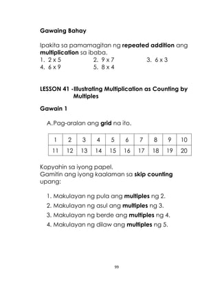 Gawaing Bahay
Ipakita sa pamamagitan ng repeated addition ang
multiplication sa ibaba.
1. 2 x 5
2. 9 x 7
3. 6 x 3
4. 6 x 9
5. 8 x 4
LESSON 41 -Illustrating Multiplication as Counting by
Multiples
Gawain 1
A. Pag-aralan ang grid na ito.
1

2

3

4

5

6

7

8

9

10

11

12

13

14

15

16

17

18

19

20

Kopyahin sa iyong papel.
Gamitin ang iyong kaalaman sa skip counting
upang:
1. Makulayan ng pula ang multiples ng 2.
2. Makulayan ng asul ang multiples ng 3.
3. Makulayan ng berde ang multiples ng 4.
4. Makulayan ng dilaw ang multiples ng 5.

99

 