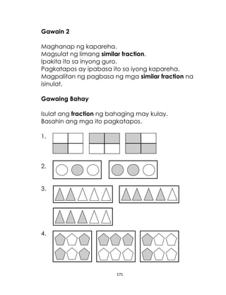 Gawain 2
Maghanap ng kapareha.
Magsulat ng limang similar fraction.
Ipakita ito sa inyong guro.
Pagkatapos ay ipabasa ito sa iyong kapareha.
Magpalitan ng pagbasa ng mga similar fraction na
isinulat.
Gawaing Bahay
Isulat ang fraction ng bahaging may kulay.
Basahin ang mga ito pagkatapos.
1.

2.
3.

4.

171

 