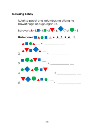 Gawaing Bahay
Isulat sa papel ang katumbas na bilang ng
bawat hugis at dugtungan ito.
Batayan:

=3,

=4,

=5,

Halimbawa:
1.

= 6,

=7 at

= 4 3 5 4
=

2.

=

3.

=

4.

=

5.

=

228

=8
3

 