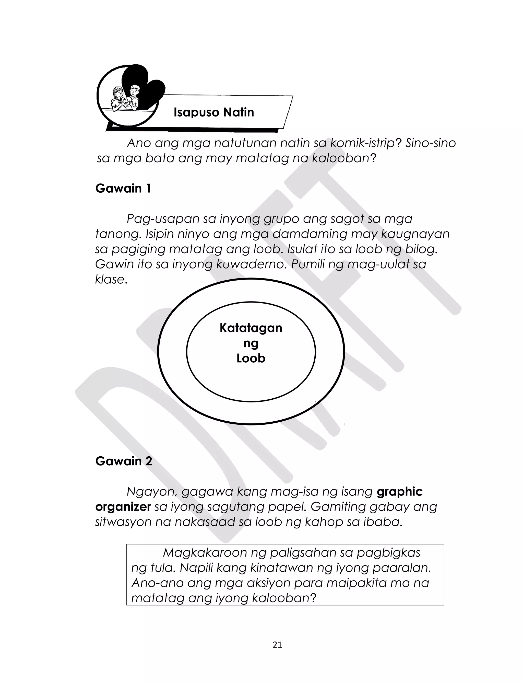 Ano ang mga natutunan natin sa komik-istrip? Sino-sino
sa mga bata ang may matatag na kalooban?
Gawain 1
Pag-usapan sa inyong grupo ang sagot sa mga
tanong. Isipin ninyo ang mga damdaming may kaugnayan
sa pagiging matatag ang loob. Isulat ito sa loob ng bilog.
Gawin ito sa inyong kuwaderno. Pumili ng mag-uulat sa
klase.
Gawain 2
Ngayon, gagawa kang mag-isa ng isang graphic
organizer sa iyong sagutang papel. Gamiting gabay ang
sitwasyon na nakasaad sa loob ng kahop sa ibaba.
Magkakaroon ng paligsahan sa pagbigkas
ng tula. Napili kang kinatawan ng iyong paaralan.
Ano-ano ang mga aksiyon para maipakita mo na
matatag ang iyong kalooban?
21
Isapuso Natin
Katatagan
ng
Loob
 
