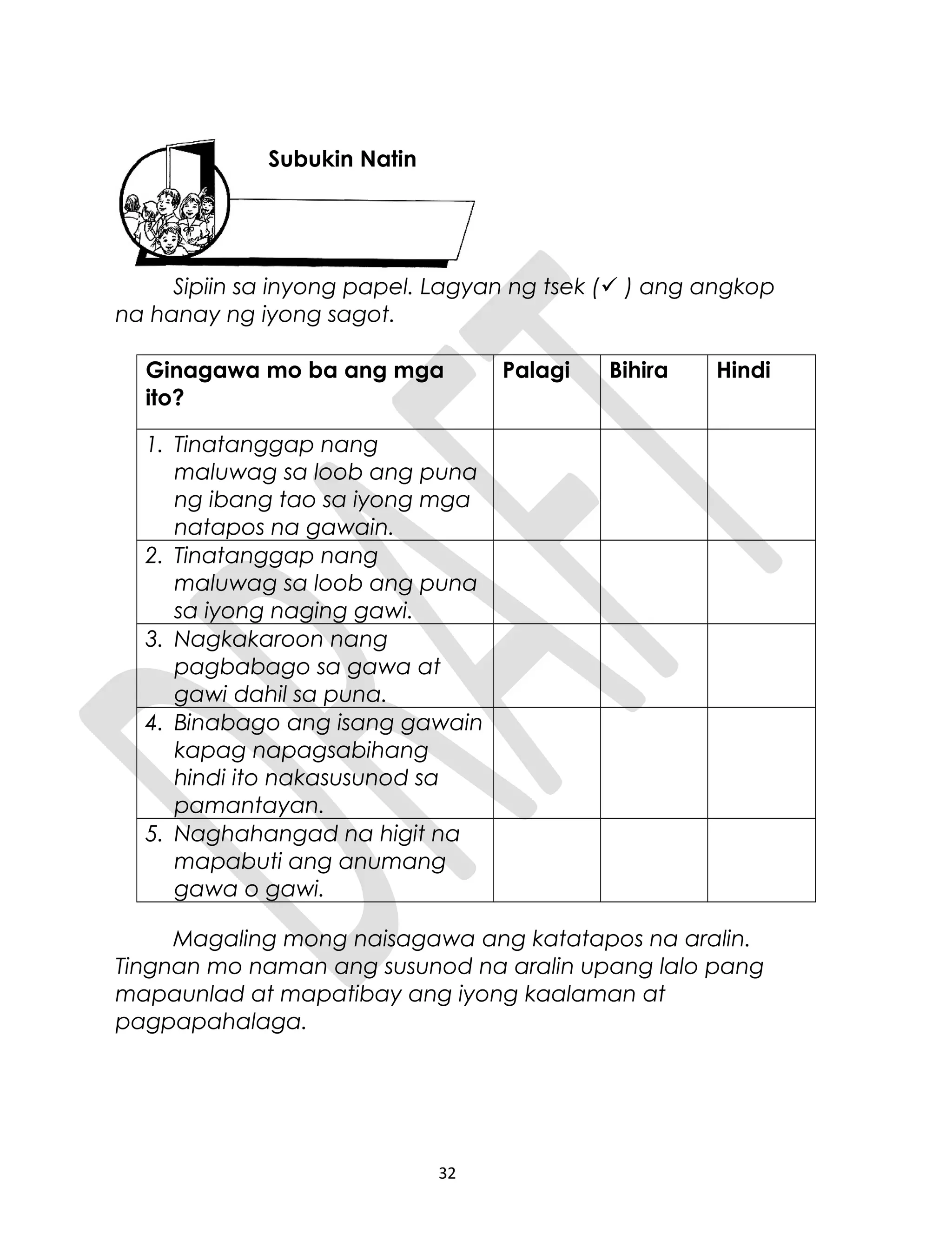 Sipiin sa inyong papel. Lagyan ng tsek ( ) ang angkop
na hanay ng iyong sagot.
Ginagawa mo ba ang mga
ito?
Palagi Bihira Hindi
1. Tinatanggap nang
maluwag sa loob ang puna
ng ibang tao sa iyong mga
natapos na gawain.
2. Tinatanggap nang
maluwag sa loob ang puna
sa iyong naging gawi.
3. Nagkakaroon nang
pagbabago sa gawa at
gawi dahil sa puna.
4. Binabago ang isang gawain
kapag napagsabihang
hindi ito nakasusunod sa
pamantayan.
5. Naghahangad na higit na
mapabuti ang anumang
gawa o gawi.
Magaling mong naisagawa ang katatapos na aralin.
Tingnan mo naman ang susunod na aralin upang lalo pang
mapaunlad at mapatibay ang iyong kaalaman at
pagpapahalaga.
32
Subukin Natin
 