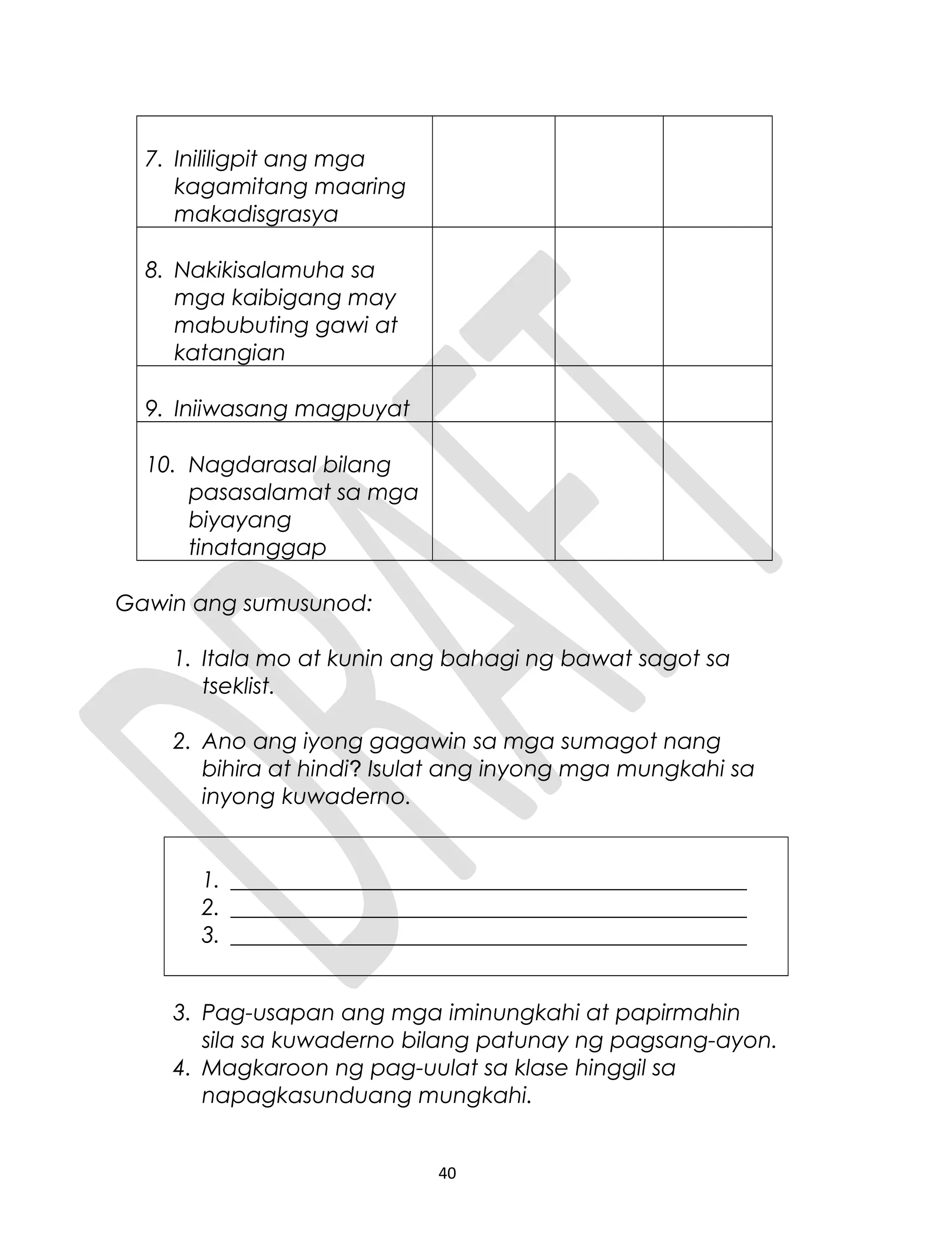 7. Inililigpit ang mga
kagamitang maaring
makadisgrasya
8. Nakikisalamuha sa
mga kaibigang may
mabubuting gawi at
katangian
9. Iniiwasang magpuyat
10. Nagdarasal bilang
pasasalamat sa mga
biyayang
tinatanggap
Gawin ang sumusunod:
1. Itala mo at kunin ang bahagi ng bawat sagot sa
tseklist.
2. Ano ang iyong gagawin sa mga sumagot nang
bihira at hindi? Isulat ang inyong mga mungkahi sa
inyong kuwaderno.
1. ______________________________________________
2. ______________________________________________
3. ______________________________________________
3. Pag-usapan ang mga iminungkahi at papirmahin
sila sa kuwaderno bilang patunay ng pagsang-ayon.
4. Magkaroon ng pag-uulat sa klase hinggil sa
napagkasunduang mungkahi.
40
 