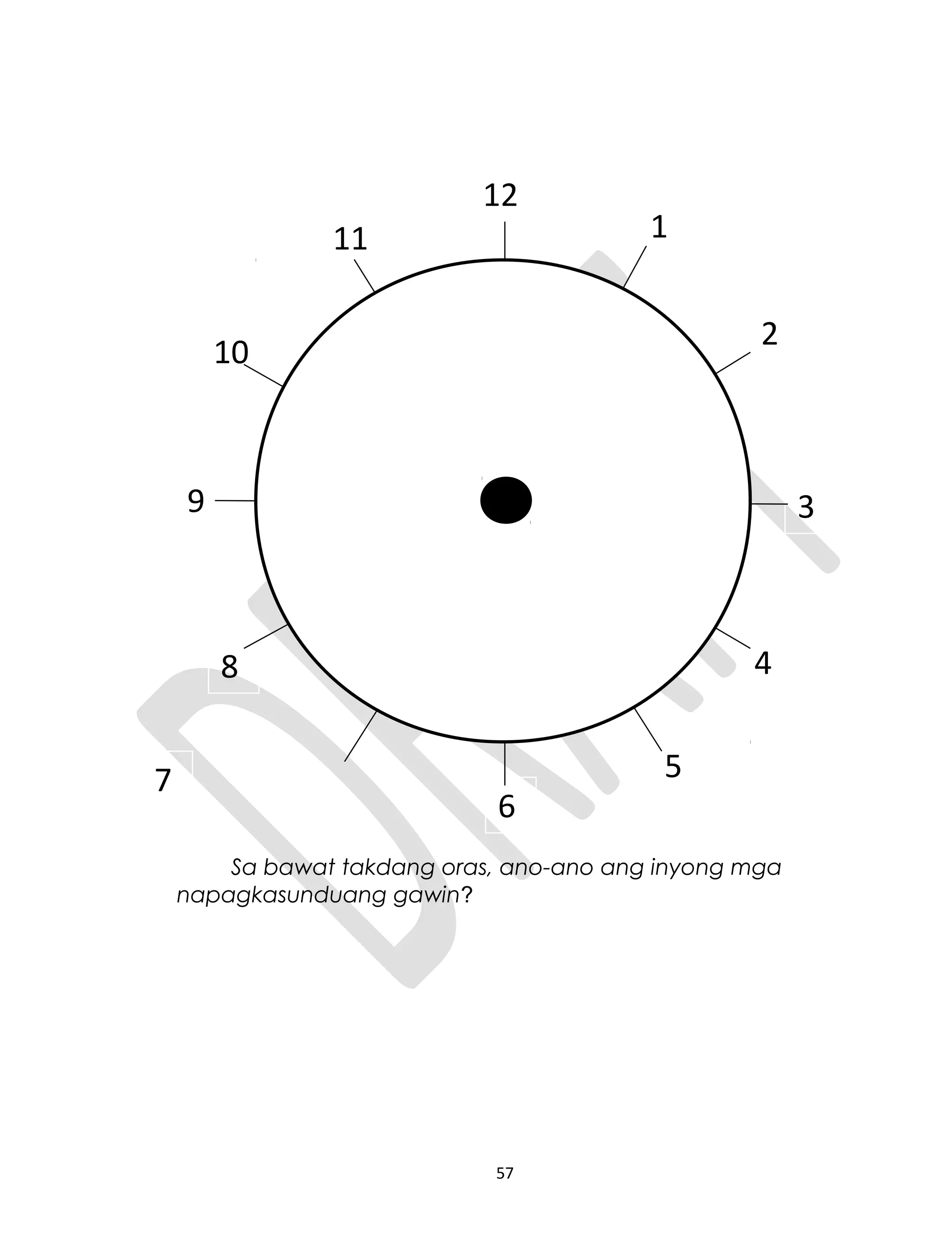 Sa bawat takdang oras, ano-ano ang inyong mga
napagkasunduang gawin?
57
1
2
5
4
3
6
7
12
11
8
9
10
 