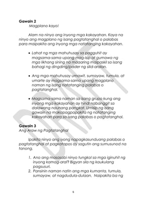 Gawain 2
Magplano kayo!
Alam na ninyo ang inyong mga kakayahan. Kaya na
ninyo ang magplano ng isang pagtatanghal o palabas
para maipakita ang inyong mga natatanging kakayahan.
• Lahat ng mga mahuhusay sa pagguhit ay
magsama-sama upang mag-isip at gumawa ng
mga likhang sining na maaaring maipaskil sa isang
bahagi ng dingding/pader ng silid-aralan.
• Ang mga mahuhusay umawit, sumayaw, tumula, at
umarte ay magsama-sama upang magplano
naman ng isang natatanging palabas o
pagtatanghal.
• Magsama-sama naman sa isang grupo kung ang
inyong mga kakayahan ay hindi nabanggit sa
dalawang naunang pangkat. Umisip ng isang
gawain na makapagpapakita ng natatanging
kakayahan para sa isang palabas o pagtatanghal.
Gawain 3
Ang Araw ng Pagtatanghal
Ipakita ninyo ang iyong napagkasunduang palabas o
pagtatanghal at pagkatapos ay sagutin ang sumusunod na
tanong.
1. Ano ang masasabi ninyo tungkol sa mga iginuhit ng
inyong kamag-aral? Bigyan sila ng kaukulang
pagsusuri.
2. Pansinin naman natin ang mga kumanta, tumula,
sumayaw, at nagdudula-dulaan. Naipakita ba ng
6
 