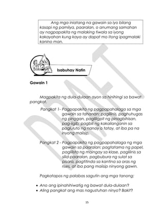 Ang mga iniatang na gawain sa iyo bilang
kasapi ng pamilya, paaralan, o anumang samahan
ay nagpapakita ng malaking tiwala sa iyong
kakayahan kung kaya ay dapat mo itong ipagmalaki
kanino man.
Gawain 1
Magpakita ng dula-dulaan ayon sa hinihingi sa bawat
pangkat.
Pangkat 1- Pagpapakita ng pagpapahalaga sa mga
gawain sa tahanan: paglilinis, paghuhugas
ng pinggan, pagliligpit ng pinagbihisan,
pag-iigib, pagbili ng kakailanganin sa
pagluluto ng nanay o tatay, at iba pa na
inyong maiisip.
Pangkat 2 - Pagpapakita ng pagpapahalaga ng mga
gawain sa paaralan: pagtatama ng papel,
paglilista ng maingay sa klase, paglilinis sa
silid-paaralan, pagbubura ng sulat sa
pisara, pagtitinda sa kantina sa oras ng
rises, at iba pang maiisip ninyong gawin.
Pagkatapos ng palabas sagutin ang mga tanong:
• Ano ang ipinahihiwatig ng bawat dula-dulaan?
• Aling pangkat ang mas nagustuhan ninyo? Bakit?
15
Isabuhay Natin
 