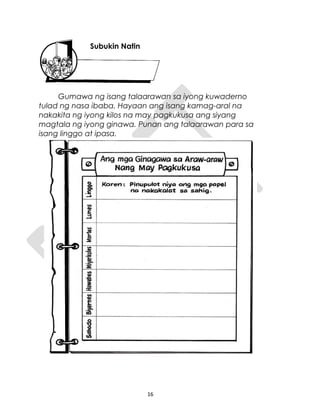 Gumawa ng isang talaarawan sa iyong kuwaderno
tulad ng nasa ibaba. Hayaan ang isang kamag-aral na
nakakita ng iyong kilos na may pagkukusa ang siyang
magtala ng iyong ginawa. Punan ang talaarawan para sa
isang linggo at ipasa.
16
Subukin Natin
 