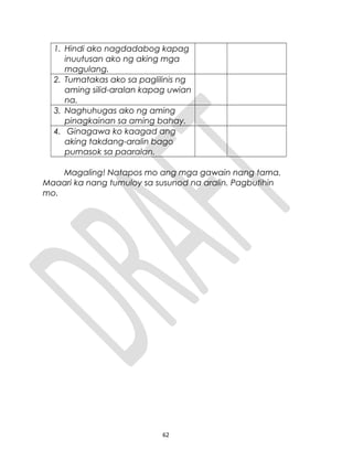 1. Hindi ako nagdadabog kapag
inuutusan ako ng aking mga
magulang.
2. Tumatakas ako sa paglilinis ng
aming silid-aralan kapag uwian
na.
3. Naghuhugas ako ng aming
pinagkainan sa aming bahay.
4. Ginagawa ko kaagad ang
aking takdang-aralin bago
pumasok sa paaralan.
Magaling! Natapos mo ang mga gawain nang tama.
Maaari ka nang tumuloy sa susunod na aralin. Pagbutihin
mo.
62
 