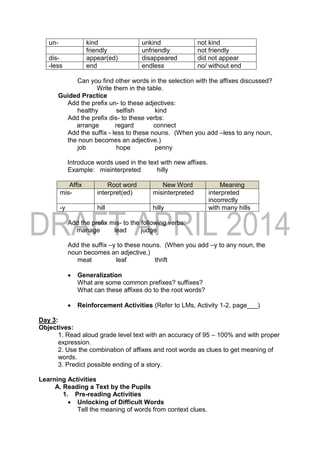 un- kind unkind not kind
friendly unfriendly not friendly
dis- appear(ed) disappeared did not appear
-less end endless no/ without end
Can you find other words in the selection with the affixes discussed?
Write them in the table.
Guided Practice
Add the prefix un- to these adjectives:
healthy selfish kind
Add the prefix dis- to these verbs:
arrange regard connect
Add the suffix - less to these nouns. (When you add –less to any noun,
the noun becomes an adjective.)
job hope penny
Introduce words used in the text with new affixes.
Example: misinterpreted hilly
Affix Root word New Word Meaning
mis- interpret(ed) misinterpreted interpreted
incorrectly
-y hill hilly with many hills
Add the prefix mis- to the following verbs:
manage lead judge
Add the suffix –y to these nouns. (When you add –y to any noun, the
noun becomes an adjective.)
meat leaf thrift
 Generalization
What are some common prefixes? suffixes?
What can these affixes do to the root words?
 Reinforcement Activities (Refer to LMs, Activity 1-2, page___)
Day 3:
Objectives:
1. Read aloud grade level text with an accuracy of 95 – 100% and with proper
expression.
2. Use the combination of affixes and root words as clues to get meaning of
words.
3. Predict possible ending of a story.
Learning Activities
A. Reading a Text by the Pupils
1. Pre-reading Activities
 Unlocking of Difficult Words
Tell the meaning of words from context clues.
 
