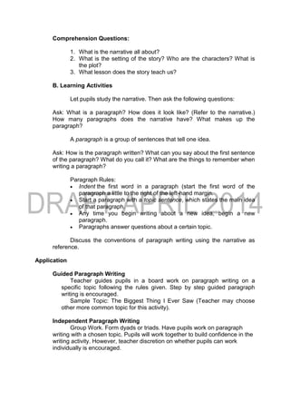 Comprehension Questions:
1. What is the narrative all about?
2. What is the setting of the story? Who are the characters? What is
the plot?
3. What lesson does the story teach us?
B. Learning Activities
Let pupils study the narrative. Then ask the following questions:
Ask: What is a paragraph? How does it look like? (Refer to the narrative.)
How many paragraphs does the narrative have? What makes up the
paragraph?
A paragraph is a group of sentences that tell one idea.
Ask: How is the paragraph written? What can you say about the first sentence
of the paragraph? What do you call it? What are the things to remember when
writing a paragraph?
Paragraph Rules:
 Indent the first word in a paragraph (start the first word of the
paragraph a little to the right of the left-hand margin.
 Start a paragraph with a topic sentence, which states the main idea
of that paragraph.
 Any time you begin writing about a new idea, begin a new
paragraph.
 Paragraphs answer questions about a certain topic.
Discuss the conventions of paragraph writing using the narrative as
reference.
Application
Guided Paragraph Writing
Teacher guides pupils in a board work on paragraph writing on a
specific topic following the rules given. Step by step guided paragraph
writing is encouraged.
Sample Topic: The Biggest Thing I Ever Saw (Teacher may choose
other more common topic for this activity).
Independent Paragraph Writing
Group Work. Form dyads or triads. Have pupils work on paragraph
writing with a chosen topic. Pupils will work together to build confidence in the
writing activity. However, teacher discretion on whether pupils can work
individually is encouraged.
 