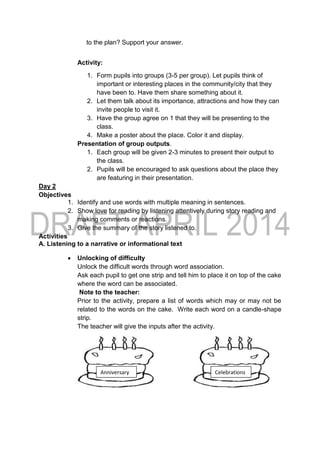 to the plan? Support your answer.
Activity:
1. Form pupils into groups (3-5 per group). Let pupils think of
important or interesting places in the community/city that they
have been to. Have them share something about it.
2. Let them talk about its importance, attractions and how they can
invite people to visit it.
3. Have the group agree on 1 that they will be presenting to the
class.
4. Make a poster about the place. Color it and display.
Presentation of group outputs.
1. Each group will be given 2-3 minutes to present their output to
the class.
2. Pupils will be encouraged to ask questions about the place they
are featuring in their presentation.
Day 2
Objectives
1. Identify and use words with multiple meaning in sentences.
2. Show love for reading by listening attentively during story reading and
making comments or reactions.
3. Give the summary of the story listened to.
Activities
A. Listening to a narrative or informational text
 Unlocking of difficulty
Unlock the difficult words through word association.
Ask each pupil to get one strip and tell him to place it on top of the cake
where the word can be associated.
Note to the teacher:
Prior to the activity, prepare a list of words which may or may not be
related to the words on the cake. Write each word on a candle-shape
strip.
The teacher will give the inputs after the activity.
Anniversary Celebrations
 