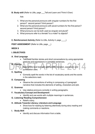 B. Study skill (Refer to LMs, page ___Tell and Learn and Think It Over)
Ask:
1. What are the personal pronouns with singular numbers for the first
person? second person? third person?
2. What are the personal pronouns with plural numbers for the first person?
second person? third person?
3. What pronouns can be both used as singular and plural?
4. What pronouns refer to a female? to a male? to objects?
C. Reinforcement Activity (Refer to LMs, Activity 4, page ____)
POST ASSESSMENT (Refer to LMs, page __)
WEEK 9
l. OBJECTIVES
A. Oral Language
 Tell/Retell familiar stories and short conversations by using appropriate
gestures and expressions in complete sentences.
B. Fluency
 Read grade level text with appropriate intonation, expression and
punctuation cues.
C. Spelling
 Correctly spell the words in the list of vocabulary words and the words
in the selections read.
D. Composing
 Observe the conventions of writing in composing a 2-paragraph
narrative that includes the elements of setting, characters and plot.
E. Grammar
 Use relative pronouns correctly in writing paragraphs.
F. Vocabulary Concept and Development
 Identify and use words with multiple meanings in sentences.
G. Listening/ Reading Comprehension
 Retell a story.
H. Attitude Towards Literacy, Literature and Language
 Show love for reading by listening attentively during story reading and
making comments or reactions.
I. Study Skill
 Identify and discuss information from a table.
 