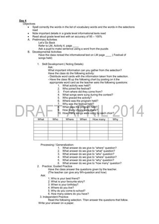 Day 4
Objectives
 Spell correctly the words in the list of vocabulary words and the words in the selections
read
 Note important details in a grade level informational texts read
 Read aloud grade level text with an accuracy of 95 – 100%
A. Preliminary Activities
Let’s Go Back
Refer to LM, Activity 4, page ____
Ask a pupil to make sentence using a word from the puzzle.
B. Developmental Activities
Have the class reread the informational text on LM page ____ ( Festival of
songs held)
1. Skill Development ( Noting Details)
Ask:
What important information can you gather from the selection?
Have the class do the following activity:
- Distribute word cards with the information taken from the selection.
- Have the class fill up the following chart by posting on it the
appropriate word card as the teacher asks the following questions:
1. What activity was held?.
2. Who joined the festival?
3. From where did they come from?
4. What songs were sung during the contest?
5. Who graced the activity?
6. Where was the program held?
7. Why was the festival held?
8. When was the program held?
9. How many choirs were there?
10. How many songs were sung by each choir?
What Who Where When How many Why
Processing / Generalization:
1. What answer do we give to “where” question?
2. What answer do we give to “what” question?
3. What answer do we give to “who” question?
4. What answer do we give to “where” question?
5. What answer do we give to “why” question?
6. What answer do we give to “how many” question?
2. Practice: Guided Practice
Have the class answer the questions given by the teacher.
(The teacher can give any Wh-question and how)
Ask:
1. Who is your best friend?
2. What is your favourite story?
3. When is your birthday?
4. Where do you live?
5. Why do you come to school?
6. How many sisters do you have?
3. Independent Practice:
Read the following selection. Then answer the questions that follow.
Write your answer on a paper.
 