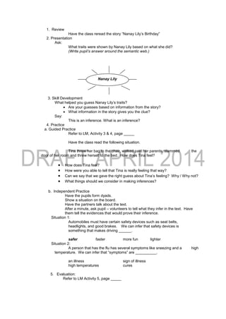 1. Review
Have the class reread the story “Nanay Lily’s Birthday”
2. Presentation
Ask:
What traits were shown by Nanay Lily based on what she did?
(Write pupil’s answer around the semantic web.)
3. Skill Development
What helped you guess Nanay Lily’s traits?
 Are your guesses based on information from the story?
 What information in the story gives you the clue?
Say:
This is an inference. What is an inference?
4. Practice
a. Guided Practice
Refer to LM, Activity 3 & 4, page _____
Have the class read the following situation.
Tina threw her bag to the chair, walked past her parents, slammed the
door of her room and threw herself to the bed. How does Tina feel?
 How does Tina feel?
 How were you able to tell that Tina is really feeling that way?
 Can we say that we gave the right guess about Tina’s feeling? Why / Why not?
 What things should we consider in making inferences?
b. Independent Practice
Have the pupils form dyads.
Show a situation on the board.
Have the partners talk about the text.
After a minute, ask pupil – volunteers to tell what they infer in the text. Have
them tell the evidences that would prove their inference.
Situation 1:
Automobiles must have certain safety devices such as seat belts,
headlights, and good brakes. We can infer that safety devices is
something that makes driving ______.
safer faster more fun lighter
Situation 2:
A person that has the flu has several symptoms like sneezing and a high
temperature. We can infer that “symptoms” are __________.
an illness sign of illness
high temperatures cures
5. Evaluation:
Refer to LM Activity 5, page _____
Nanay Lily
 