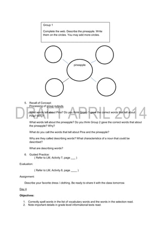 5. Recall of Concept:
Processing of group outputs.
What words tell about Pina? Do you think Group 1 gave the correct words that tell about
Pina? Why?
What words tell about the pineapple? Do you think Group 2 gave the correct words that about
the pineapple? Why?
What do you call the words that tell about Pina and the pineapple?
Why are they called describing words? What characteristics of a noun that could be
described?
What are describing words?
6. Guided Practice:
( Refer to LM, Activity 7, page ___ )
Evaluation:
( Refer to LM, Activity 8, page ____ )
Assignment:
Describe your favorite dress / clothing. Be ready to share it with the class tomorrow.
Day 4
Objectives:
1. Correctly spell words in the list of vocabulary words and the words in the selection read.
2. Note important details in grade level informational texts read.
Group 1
Complete the web. Describe the pineapple. Write
them on the circles. You may add more circles.
pineapple
 