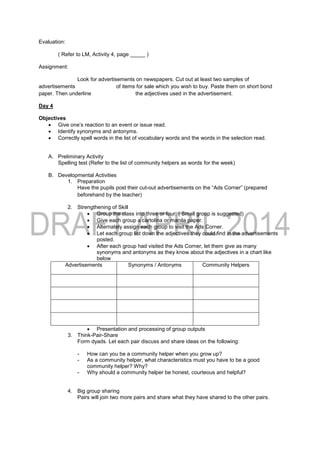 Evaluation:
( Refer to LM, Activity 4, page _____ )
Assignment:
Look for advertisements on newspapers. Cut out at least two samples of
advertisements of items for sale which you wish to buy. Paste them on short bond
paper. Then underline the adjectives used in the advertisement.
Day 4
Objectives
 Give one’s reaction to an event or issue read.
 Identify synonyms and antonyms.
 Correctly spell words in the list of vocabulary words and the words in the selection read.
A. Preliminary Activity
Spelling test (Refer to the list of community helpers as words for the week)
B. Developmental Activities
1. Preparation
Have the pupils post their cut-out advertisements on the “Ads Corner” (prepared
beforehand by the teacher)
2. Strengthening of Skill
 Group the class into three or four. ( Small group is suggested)
 Give each group a cartolina or manila paper.
 Alternately assign each group to visit the Ads Corner.
 Let each group list down the adjectives they could find in the advertisements
posted.
 After each group had visited the Ads Corner, let them give as many
synonyms and antonyms as they know about the adjectives in a chart like
below
Advertisements Synonyms / Antonyms Community Helpers
 Presentation and processing of group outputs
3. Think-Pair-Share
Form dyads. Let each pair discuss and share ideas on the following:
- How can you be a community helper when you grow up?
- As a community helper, what characteristics must you have to be a good
community helper? Why?
- Why should a community helper be honest, courteous and helpful?
4. Big group sharing
Pairs will join two more pairs and share what they have shared to the other pairs.
 