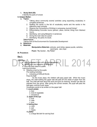 I. Study Skill (SS)
 Identify the parts of a book
II. Subject Matter:
a. Topics
1. Talking about community events/ activities using expanding vocabulary in
complete sentences
2. Spelling the words in the list of vocabulary words and the words in the
selections read correctly
3. Observe the Conventions of Writing in composing Journal Entries*
4. Differentiating Concrete nouns (person, place, animal, thing) from Abstract
nouns.
5. Identifying and using Metaphor in sentences
6. Giving the main idea of a poem
7. Identifying the parts of a book.
Value Focus:
Taking Care of the Environment for Sustainable Development
b. Reference
c. Materials
Manipulative Materials: pictures, word strips, jigsaw puzzle, cartolina,
word bank, star chips
Poem: “My Garden…My Platter”
III. Procedure:
Day 1:
Objectives:
 Read grade level texts with appropriate speed.*
 Identify and use metaphor in sentences.
 Give the main idea of a poem.
Learning Activities:
A. Reading a text by the pupils
Pre reading Activities
 Unlocking of Difficult Words
Pass the Ball!
As the music plays, the children will pass paper ball. When the music
stops, the child holding the paper ball will peel off one sheet of paper from the
ball. The child will read aloud the word and give its meaning. Answer can also be
solicited from the group. After giving the correct answer, the pupil will pass the
ball again until the music stops.
Vocabulary words to be written on the paper ball:
1. couch potato
a. lazy
b. kind of vegetable
c. industrious
2. apple of the eye
a. fruit
b. hate
c. love
3. feeling blue
a. color
b. sad
c. happy
4. platter
a. a large flat dish for serving food
 
