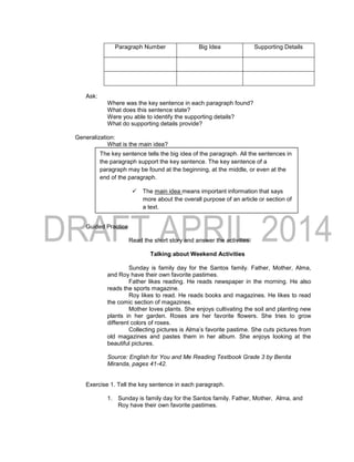 Paragraph Number Big Idea Supporting Details
Ask:
Where was the key sentence in each paragraph found?
What does this sentence state?
Were you able to identify the supporting details?
What do supporting details provide?
Generalization:
What is the main idea?
Guided Practice
Read the short story and answer the activities.
Talking about Weekend Activities
Sunday is family day for the Santos family. Father, Mother, Alma,
and Roy have their own favorite pastimes.
Father likes reading. He reads newspaper in the morning. He also
reads the sports magazine.
Roy likes to read. He reads books and magazines. He likes to read
the comic section of magazines.
Mother loves plants. She enjoys cultivating the soil and planting new
plants in her garden. Roses are her favorite flowers. She tries to grow
different colors of roses.
Collecting pictures is Alma’s favorite pastime. She cuts pictures from
old magazines and pastes them in her album. She enjoys looking at the
beautiful pictures.
Source: English for You and Me Reading Textbook Grade 3 by Benita
Miranda, pages 41-42.
Exercise 1. Tell the key sentence in each paragraph.
1. Sunday is family day for the Santos family. Father, Mother, Alma, and
Roy have their own favorite pastimes.
The key sentence tells the big idea of the paragraph. All the sentences in
the paragraph support the key sentence. The key sentence of a
paragraph may be found at the beginning, at the middle, or even at the
end of the paragraph.
 The main idea means important information that says
more about the overall purpose of an article or section of
a text.
 